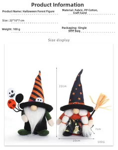 Detail showing dimensions of two Halloween gnome ornaments with witch hats and ghost balloons