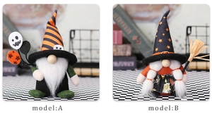 Detailed comparison of Halloween gnome plush dolls with striped hats and balloon props