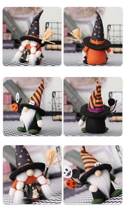 Detail view of Halloween gnome plush dolls with wizard hats and mini broom decorations