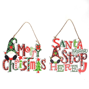 Two wooden Christmas hanging signs with plaid patterns, Merry Christmas and Santa Stop Here