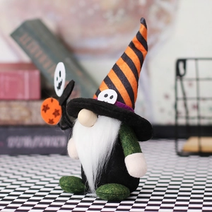 Halloween Gnom Plüschfigur mit orange gestreiftem Hut und weißem Geisterstab Deko
