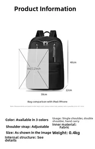 Detailed technical diagram showing dimensions and lightweight specs of black nylon backpack