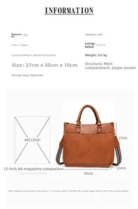 Détails techniques du sac à main marron avec comparaison de taille A4 et informations bandoulière