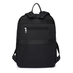 Back view of black nylon backpack featuring padded straps and hidden anti-theft zipper pocket