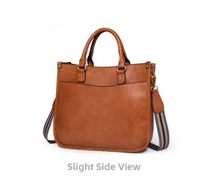 Vue détaillée du sac à main marron avec bandoulière en tissu rayé réglable