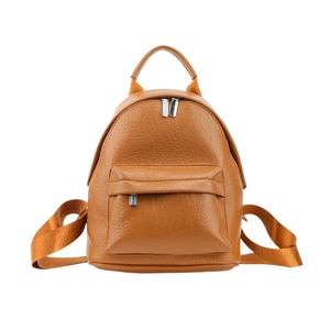 Caramel brown pebbled PU leather backpack for women featuring a spacious front zipper pocket