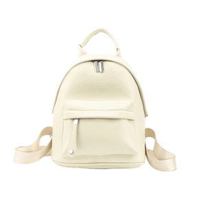 Front detail of beige PU leather mini backpack with pebble texture and adjustable straps
