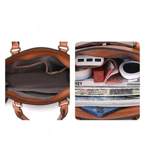 Vue intérieure du sac en similicuir marron montrant les compartiments et la grande capacité