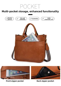 Détails du sac fourre-tout marron rétro avec poches zippées et bandoulière en toile amovible