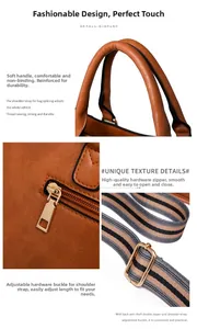 Detail view of reinforced handle, smooth gold hardware, and adjustable striped strap on bag