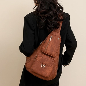 Retro brown leather crossbody chest bag for men and women with multiple zip pockets