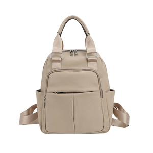 Detailed front view of soft beige PU leather backpack with side pockets and silver zippers