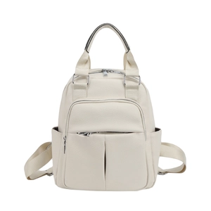 Minimalist beige PU leather backpack with lychee grain texture and silver zippers