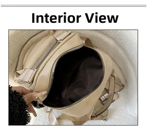 Internal view of beige PU leather backpack showing zip pocket and nylon straps
