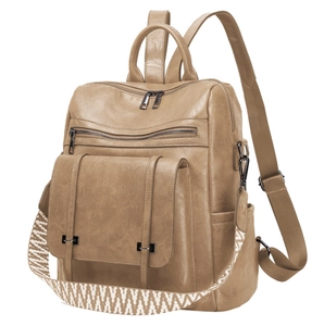 Detail of vintage khaki PU leather backpack with ethnic geometric shoulder straps
