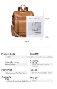 Detailed dimensions of the vintage brown PU leather backpack with multi-way straps