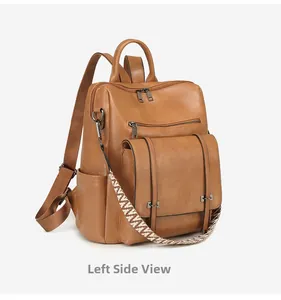 Side view of brown retro PU leather backpack with decorative geometric woven strap