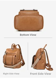 Detailed views of brown vintage PU leather backpack with geometric weave shoulder strap