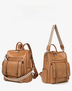 Detail view of large capacity PU leather backpack with vintage geometric shoulder strap
