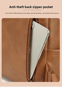 Close-up of brown PU leather backpack with back anti-theft zipper pocket for smartphone