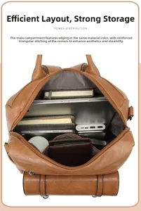 Internal view of brown PU leather backpack showing large capacity and reinforced stitching