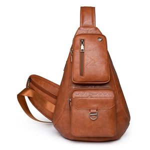 Retro PU Leather Sling Bag For Women Multi Pocket Crossbody Chest Pack With Headphone Hole Vintage Casual Travel Shoulder Bag