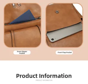 Detailed macro view showing the front zipper pocket and tablet storage of the brown PU backpack