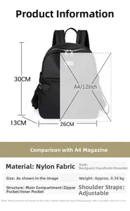 Größentabelle mit Maßen 30x26x13cm für den schwarzen Nylon-Oxford-Rucksack