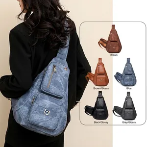 Multi-pocket canvas crossbody chest bag for women in blue, brown, black and grey options