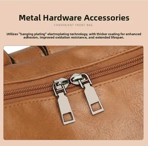 Detail of silver hardware and smooth zippers on a brown vintage PU leather backpack