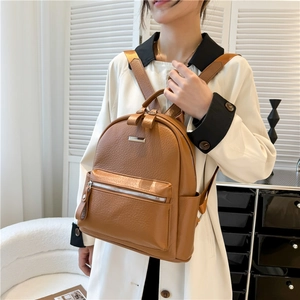 Caramel PU leather backpack for women with pebble texture and metal detail in casual style