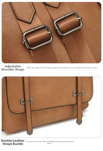 Detail of adjustable strap buckle and metal clasp on vintage caramel brown PU leather backpack