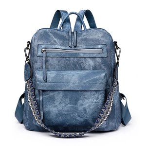 Vintage blue washed PU leather backpack for women with large capacity and woven strap