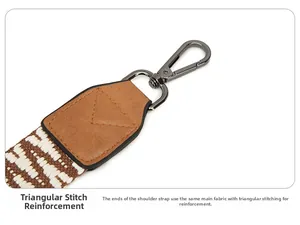 Detail of reinforced triangle stitching and metal lobster clasp on a woven shoulder strap