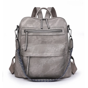 Versatile grey PU leather backpack for women with stylish geometric woven shoulder strap