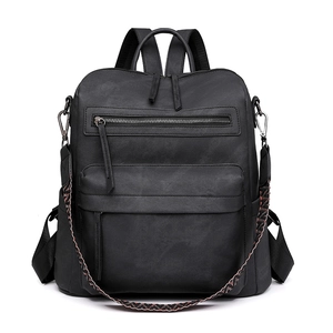Versatile black PU leather backpack for women with colorful woven strap and large capacity