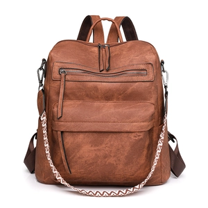 Brown PU leather backpack for women with geometric strap and front flap pocket design