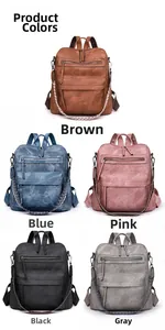 Detail view of multi-pocket soft PU leather backpacks in five stylish colors with woven handles
