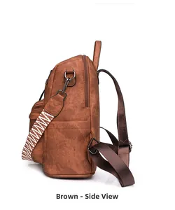 Brown PU leather backpack side view showing high-capacity design and textured ribbon detail