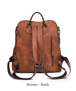 Rear view of brown PU leather backpack showing adjustable straps and anti-theft zipper pocket