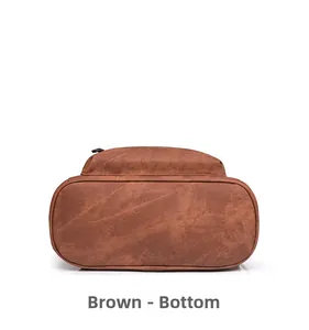 Bottom view of brown PU leather backpack showing texture and base structure