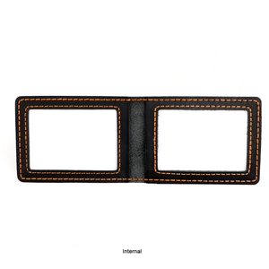 Detail of leather document holder with orange stitching and dual transparent ID card slots