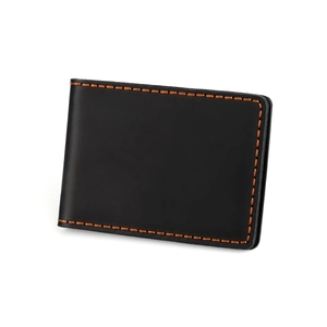 Close-up of black crazy horse leather driver license cover with orange contrast stitching