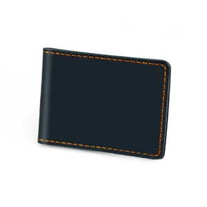 Close-up of vintage black leather driver license holder with orange stitching details