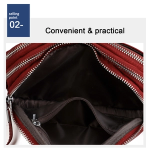 Détails macro montrant trois compartiments à fermeture éclair et la doublure du sac en cuir