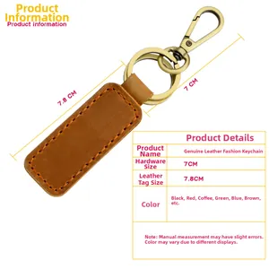 Detailed dimensions of a brown crazy horse leather keychain with gold hardware hooks