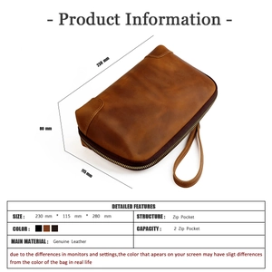 Detailed size specifications of the vintage leather clutch bag with dual zipper layers