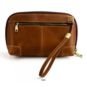 Back view of brown crazy horse leather clutch bag with zipper pocket and wrist strap