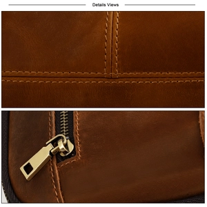 Close-up of vintage brown leather pouch showing fine stitching and metal zipper detail