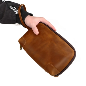 Vintage crazy horse leather mens clutch bag with wrist strap and zipper closure